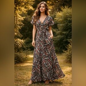 Hutch by Anthropologie Floral butterfly print full wrap around Maxi Dress Sz S